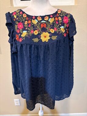 JODIFL Navy Embroidered Floral Yoke Blouse